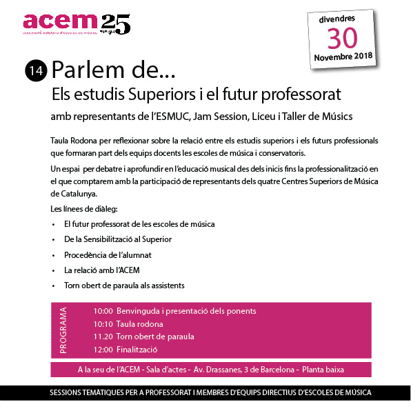 Inscripcions obertes “Parlem dels…estudis Superiors i el futur professorat” 30 de novembre de 10h a 12h a Barcelona